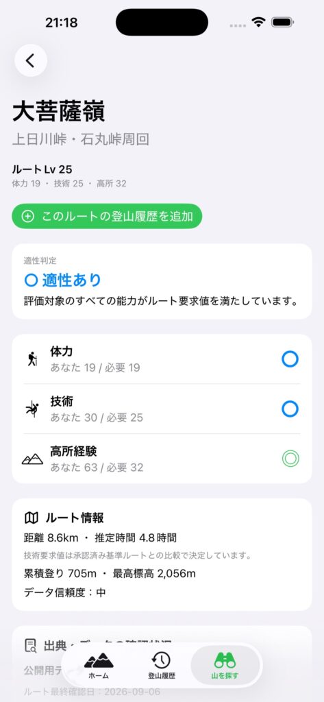 ヤマレベルのルート詳細画面。自分の能力値とルート要求値を比較